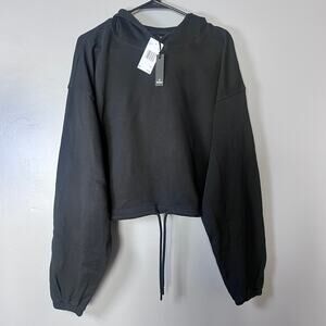 Buffalo David Bitton Emmalynn Cropped Hoodie Black L Drawstring Hem NWT $79